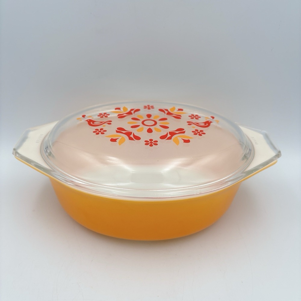 Vtg PYREX Friendship 043 1 1/2 QT Orange Casserole Ovenware Clear Patterned Lid